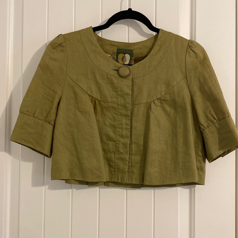 Forever Green Crop Blazer w/ Apple Print on Liner Sz Medium
